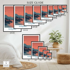 Marmaris Poster - Turkey Art Print - Sunset Coastal Wall Decor size guide showcasing various frame sizes.