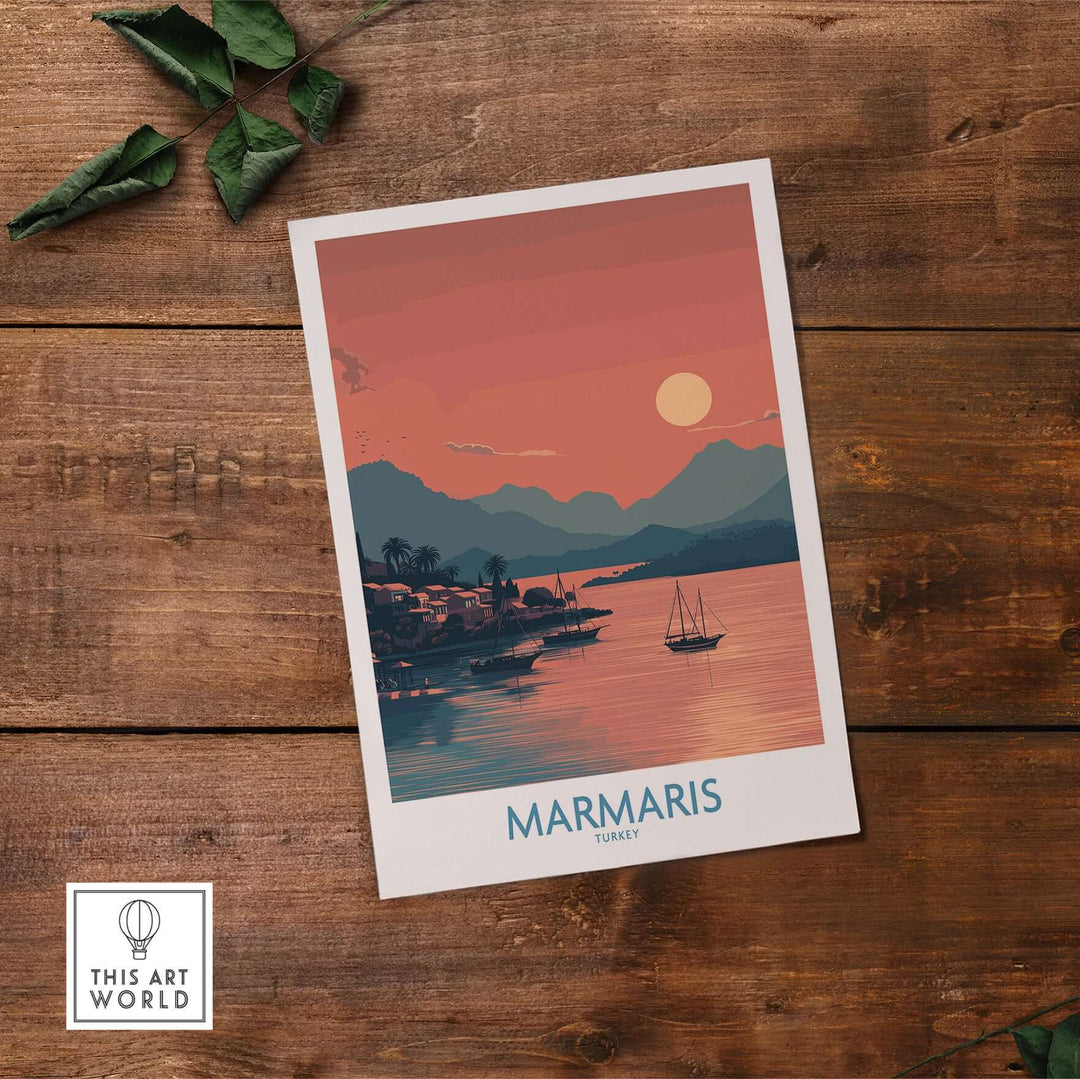 Marmaris poster art print featuring a sunset over Turkey's coastline with boats on the water.