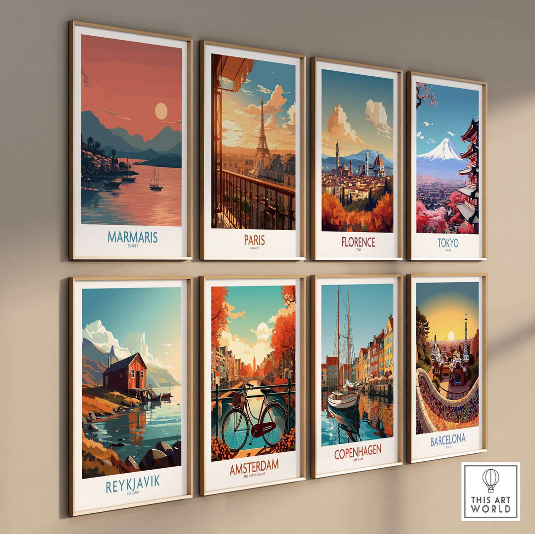 Gallery of vibrant city posters including Marmaris, Paris, Florence, Tokyo, Reykjavik, Amsterdam, Copenhagen, and Barcelona.