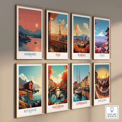 Marmaris Poster - Turkey Art Print - Sunset Coastal Wall Decor displayed with other travel art prints on a wall.