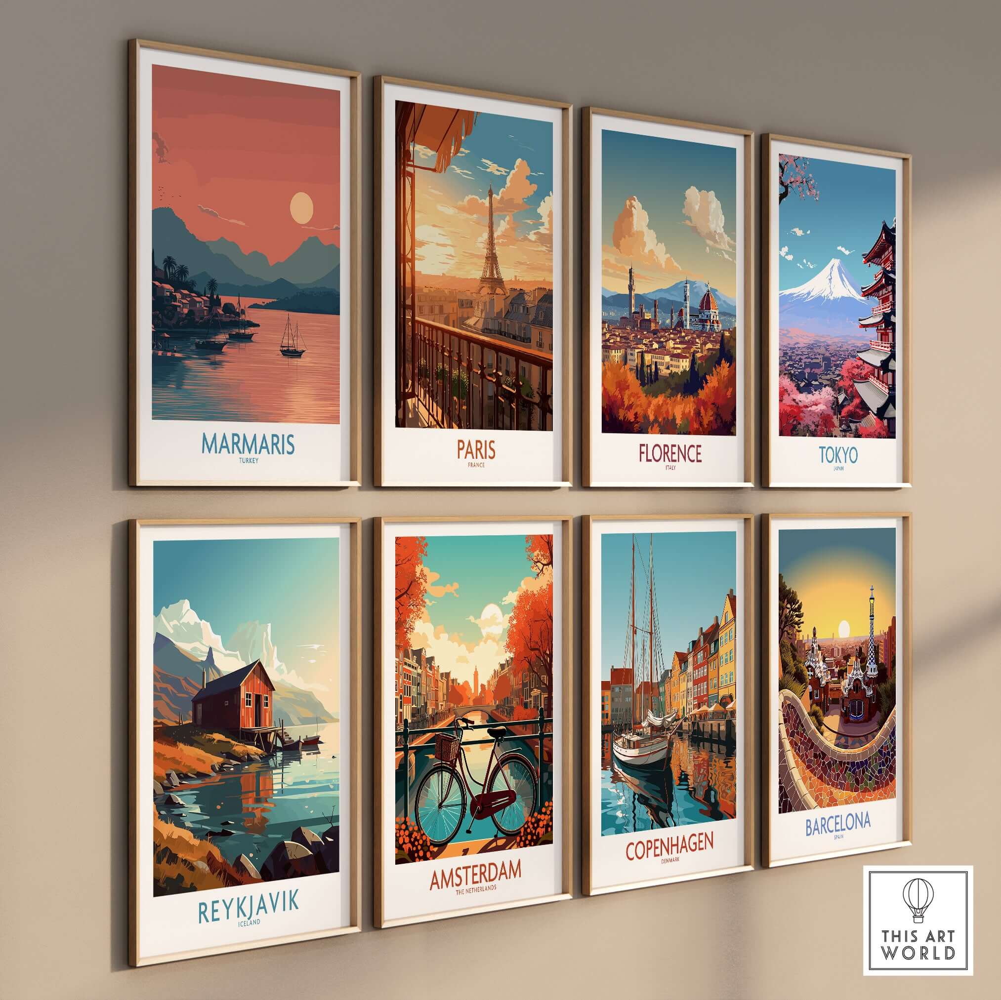 Marmaris Poster - Turkey Art Print - Sunset Coastal Wall Decor displayed with other travel art prints on a wall.