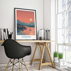 Marmaris Poster - Turkey Art Print - Sunset Coastal Wall Decor displayed in a modern workspace with a serene coastal view.