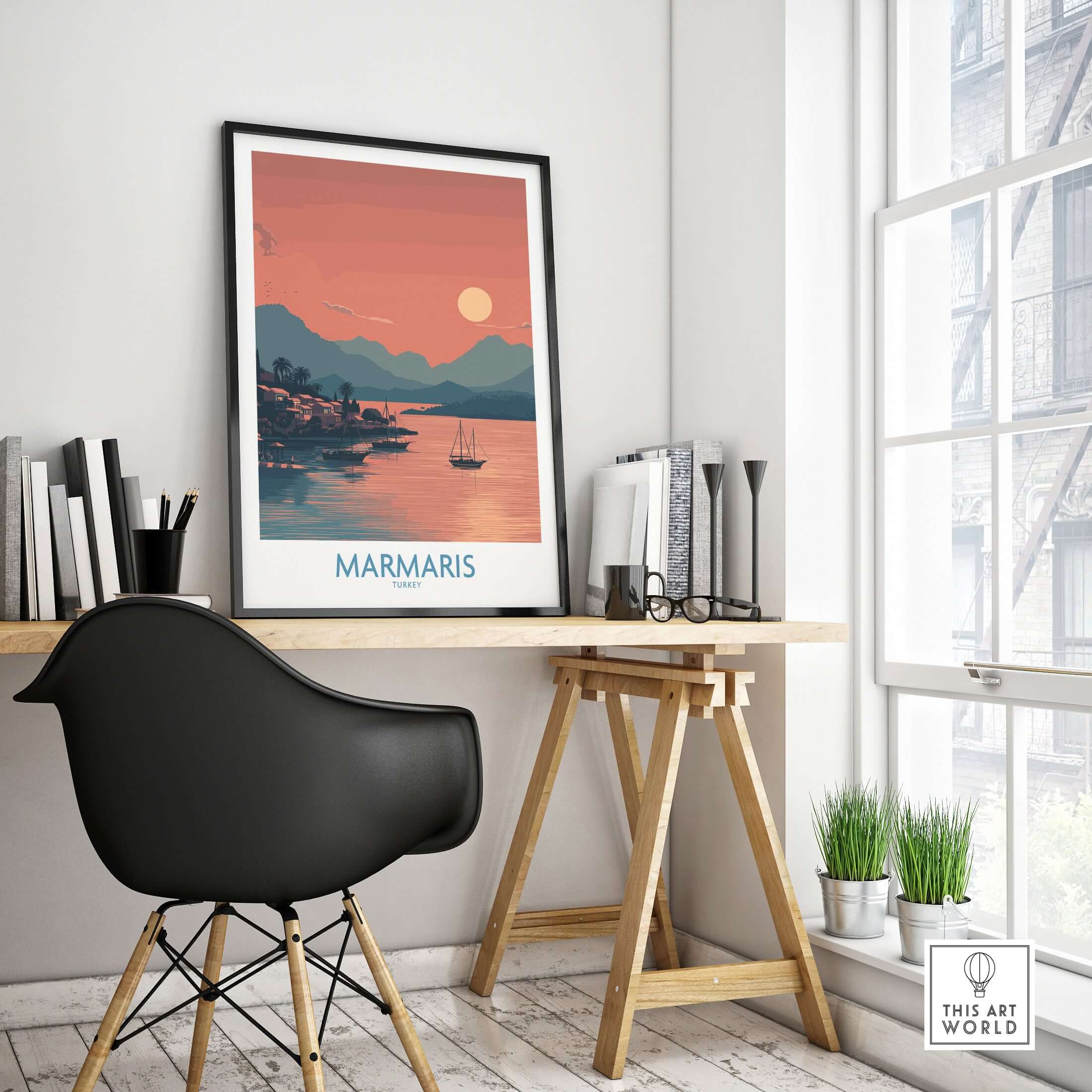 Marmaris Poster - Turkey Art Print - Sunset Coastal Wall Decor displayed in a modern workspace with a serene coastal view.