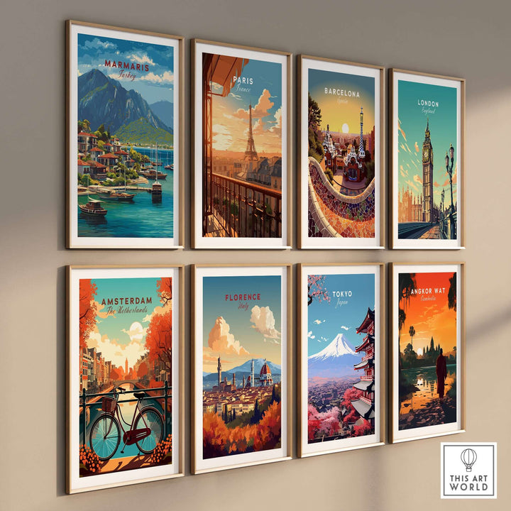 Gallery wall of travel posters featuring Marmaris, Paris, Barcelona, London, Amsterdam, Florence, Tokyo, and Angkor Wat.