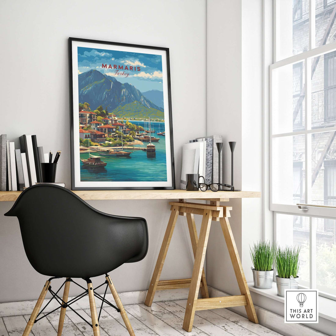 Marmaris poster featuring sailboats and mountain view, displayed in a modern workspace with chic decor.