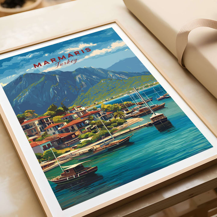 Marmaris poster depicting sailboats and mountains, capturing Turkey's scenic coastal beauty.
