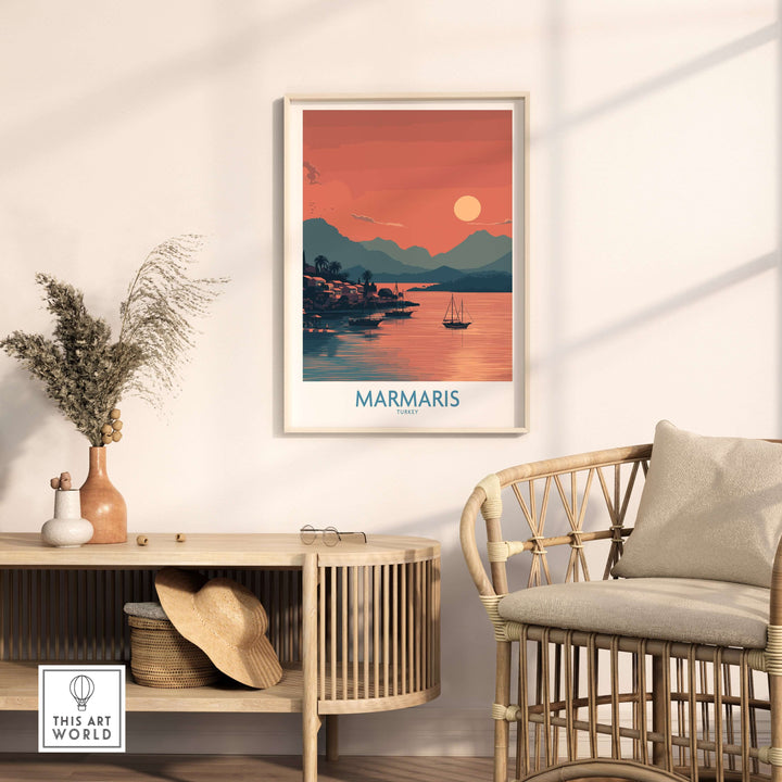 Marmaris sunset art print displayed in cozy room decor, showcasing coastal beauty and tranquility.