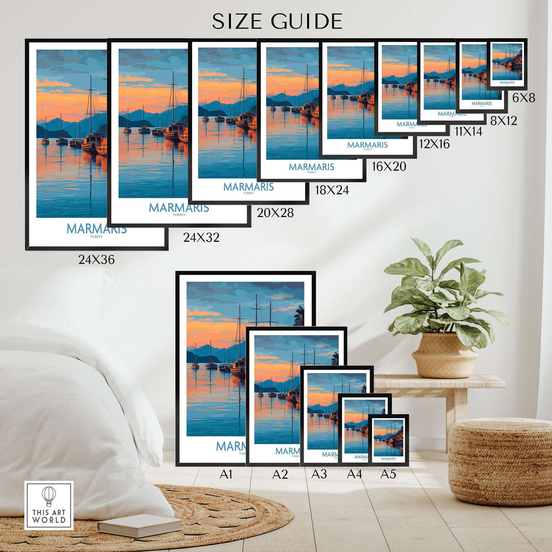 Size guide for Marmaris Sunset Harbor poster prints in various dimensions, displayed with a plant decor.