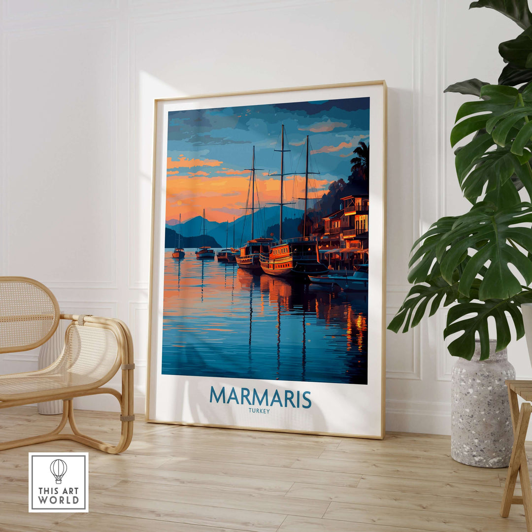 Marmaris sunset harbor art print featuring yachts and coastal scenery in warm colors, perfect for wall decor.