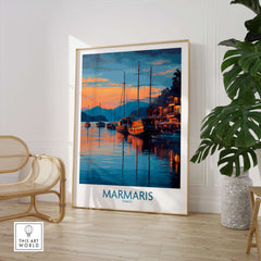 Marmaris Sunset Harbor Poster - Turkey Yacht Art Print - Coastal Wall Decor displayed in a cozy living room setting.