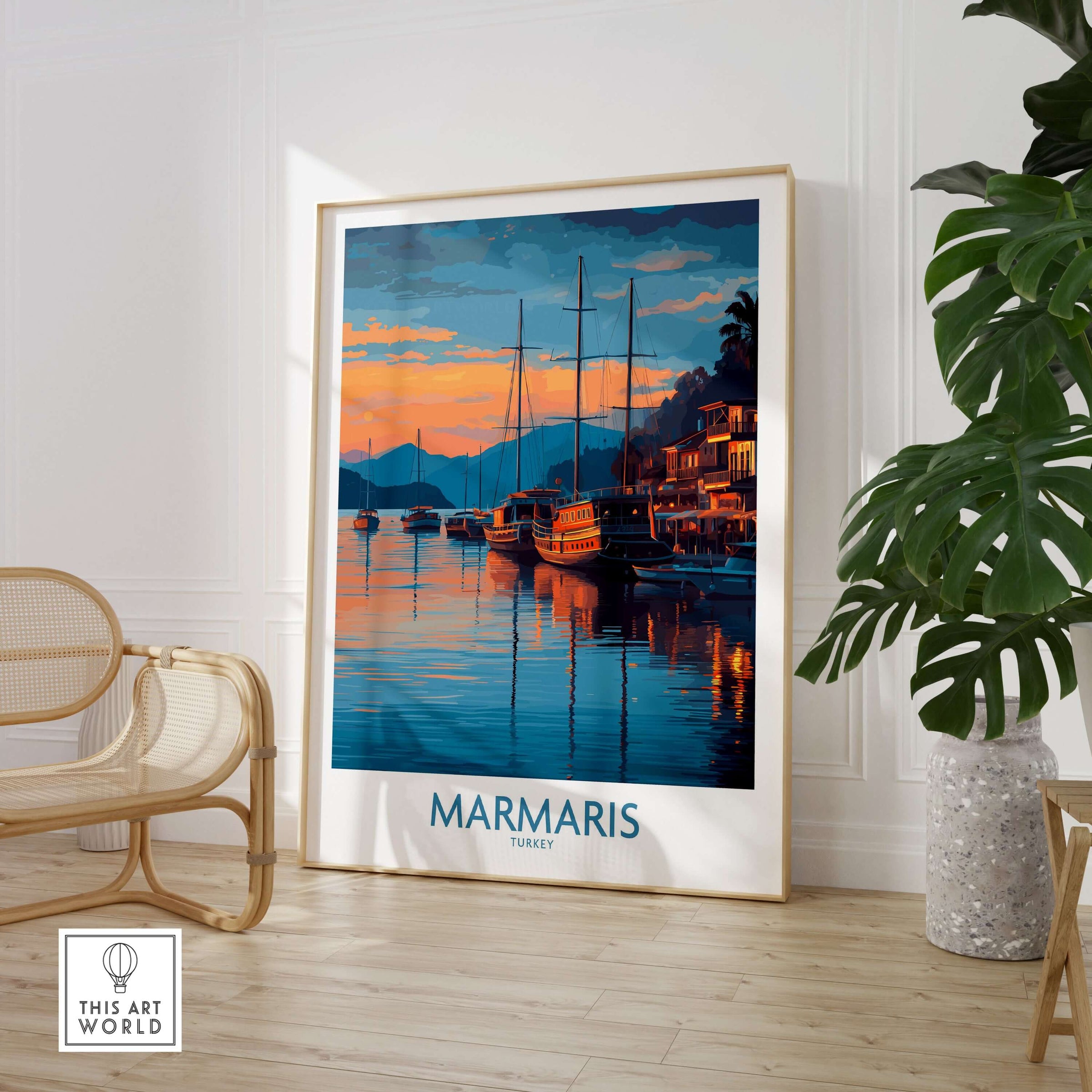 Marmaris Sunset Harbor Poster - Turkey Yacht Art Print - Coastal Wall Decor displayed in a cozy living room setting.