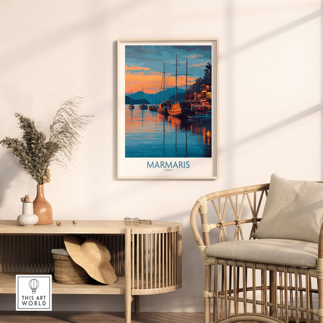 Marmaris sunset harbor poster art print displayed in a stylish coastal home decor setting.