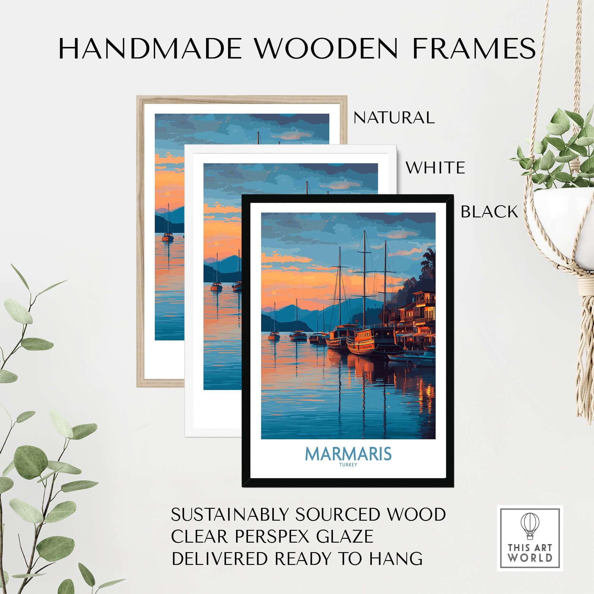 Marmaris Sunset Harbor Poster - Turkey Yacht Art Print - Coastal Wall Decor displayed in handmade wooden frames.