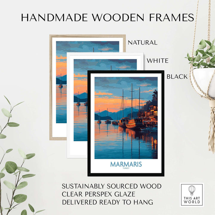 Three handmade wooden frames for Marmaris Sunset Harbor Poster in natural, white, and black finishes.