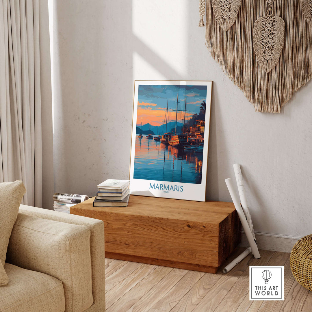 Marmaris sunset harbor poster displayed in a cozy living room, showcasing yachts and tranquil coastal scenery.