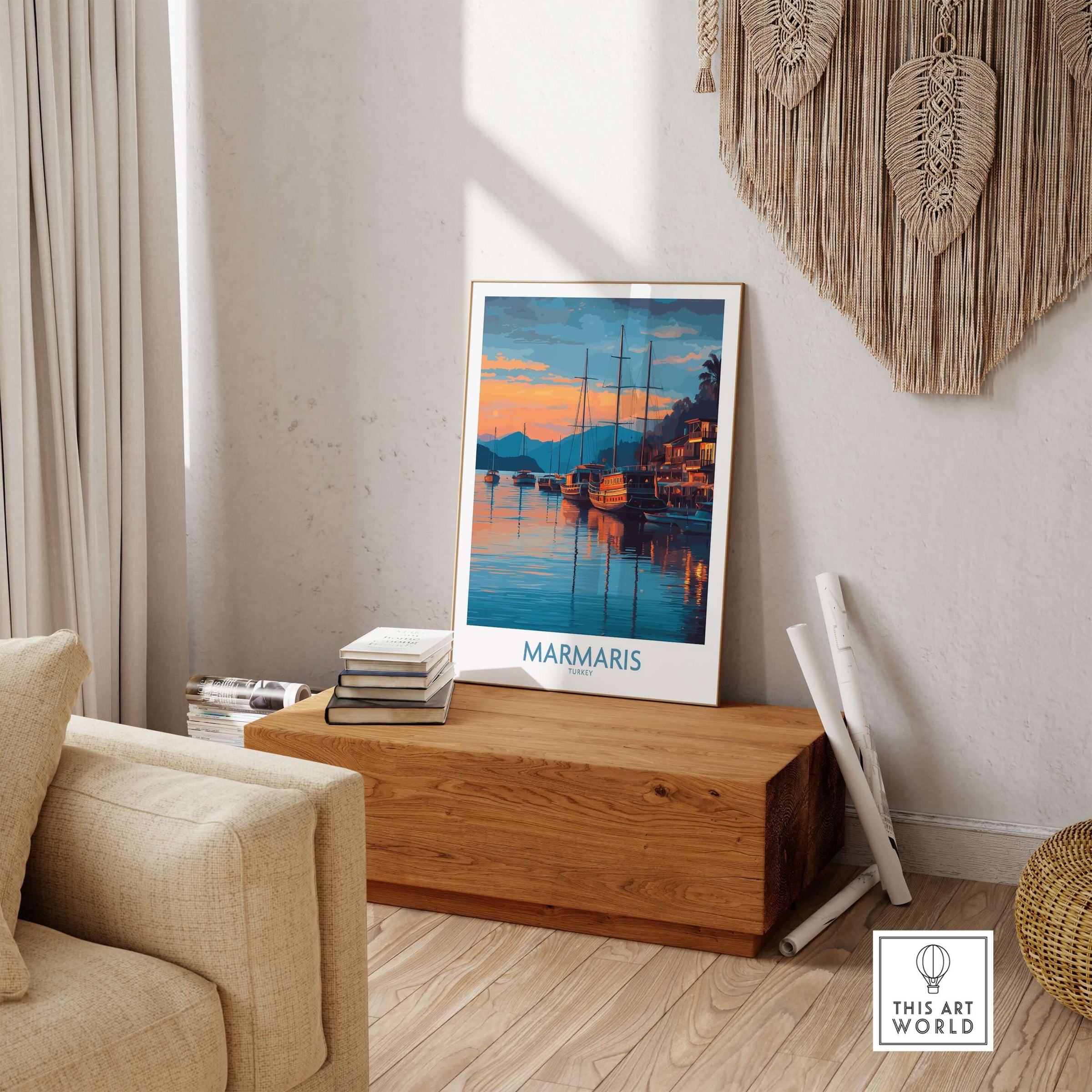 Marmaris Sunset Harbor Poster - Turkey Yacht Art Print - Coastal Wall Decor displayed in a stylish home setting.