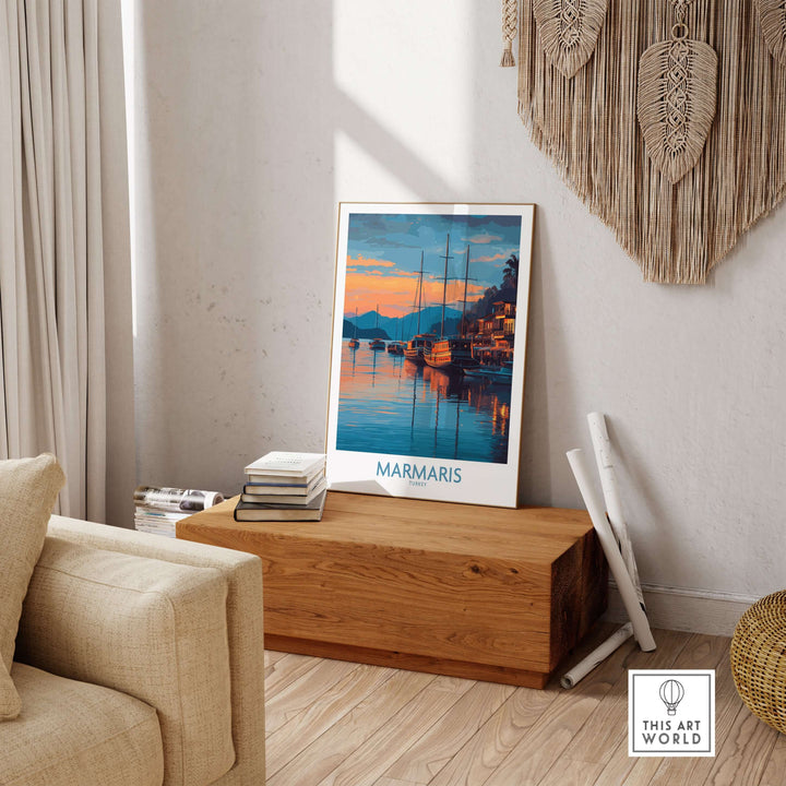 Marmaris sunset harbor poster displayed in a cozy living room, showcasing yachts and tranquil coastal scenery.