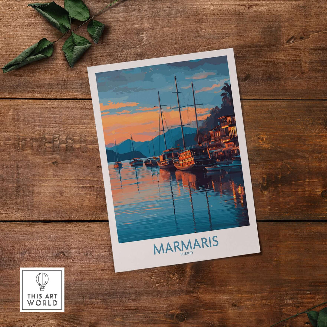 Marmaris sunset harbor poster showcasing yachts and serene coastal landscape art print from Turkey.