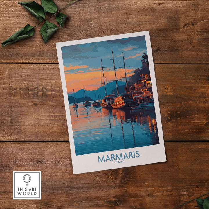 Marmaris sunset harbor poster showcasing yachts and serene coastal landscape art print from Turkey.