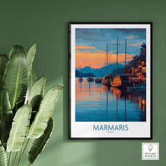 Marmaris Sunset Harbor Poster - Turkey Yacht Art Print - Coastal Wall Decor featuring yachts and sunset reflections.