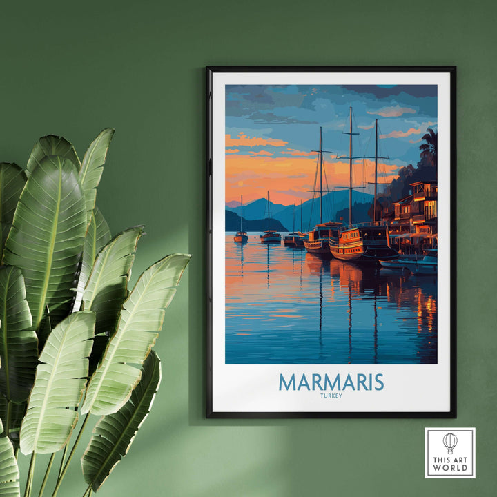 Marmaris sunset harbor art print showcasing yachts and vibrant colors, perfect for coastal wall decor.