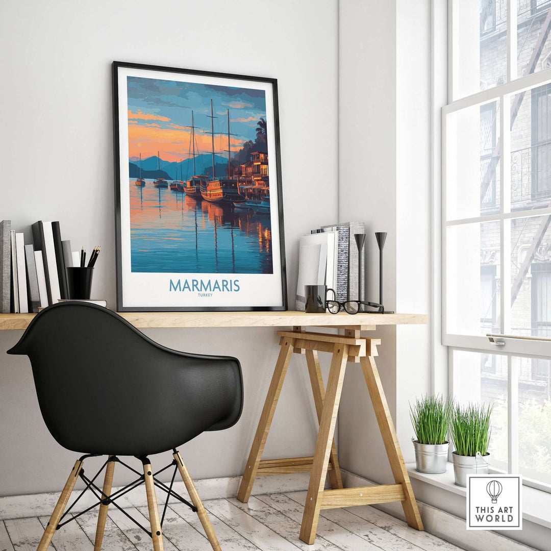 Marmaris sunset harbor poster displayed in a stylish workspace, showcasing Turkish coastal art and yachts.