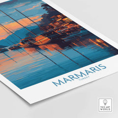 Marmaris Sunset Harbor Poster - Turkey Yacht Art Print - Coastal Wall Decor, showcasing yachts and a sunset reflection on water.