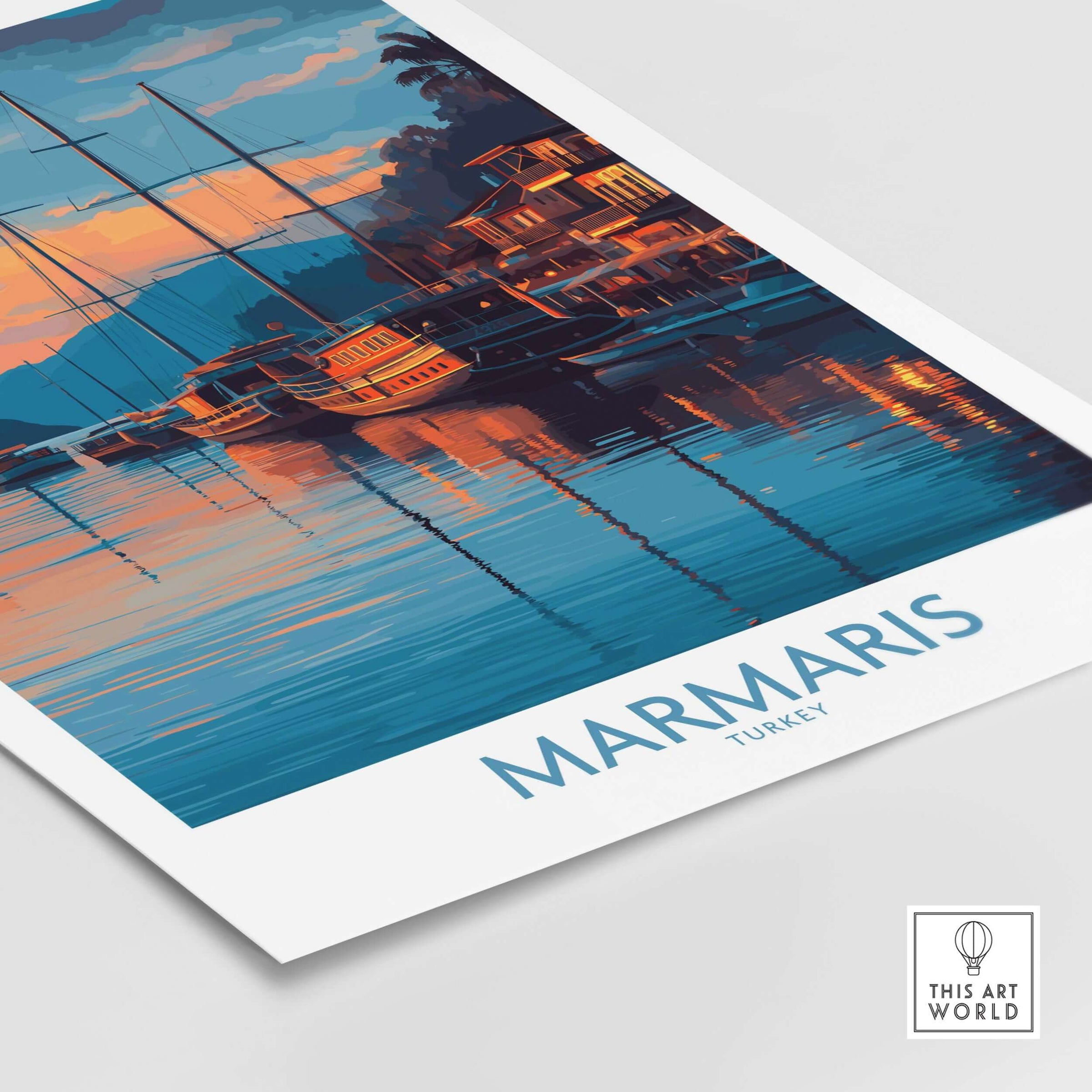 Marmaris Sunset Harbor Poster - Turkey Yacht Art Print - Coastal Wall Decor, showcasing yachts and a sunset reflection on water.