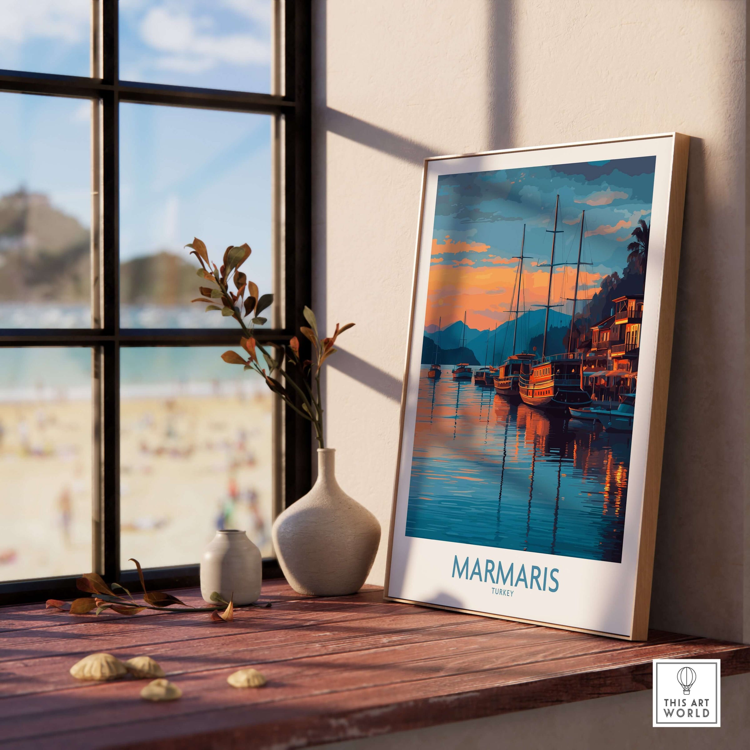 Marmaris Sunset Harbor Poster - Turkey Yacht Art Print - Coastal Wall Decor displayed on a wooden table by a window.