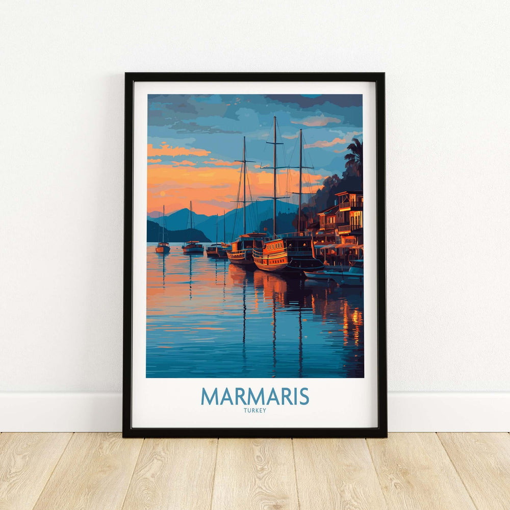 Marmaris sunset harbor poster showcasing yachts and coastal reflections, ideal coastal wall decor for nautical lovers.