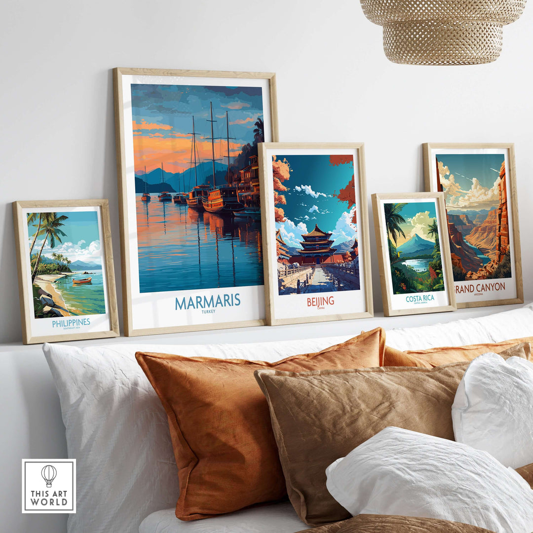 Marmaris sunset harbor poster and other travel art prints on a stylish wall, perfect for coastal decor.