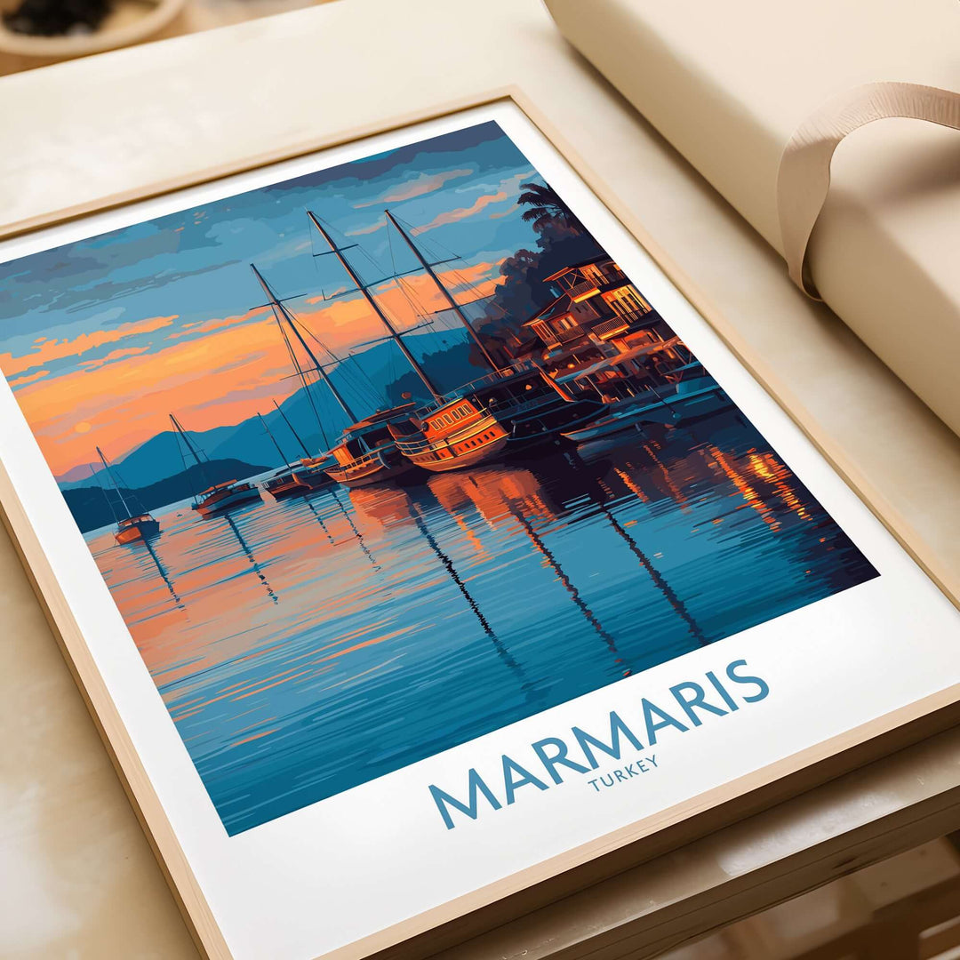 Marmaris sunset harbor poster showcasing yachts and tranquil waters, perfect coastal wall decor for home.