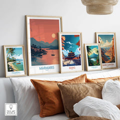 Marmaris Poster - Turkey Art Print - Sunset Coastal Wall Decor displayed among other travel posters in a stylish interior.
