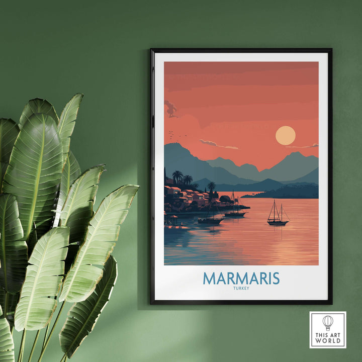 Marmaris poster art print featuring a sunset over the coastline, perfect for coastal wall decor.