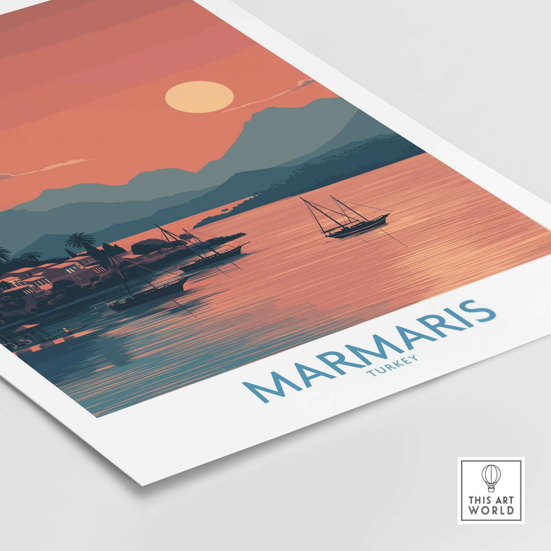Marmaris poster art print depicting a serene sunset over the Turkish coastline with boats and mountains in the background.
