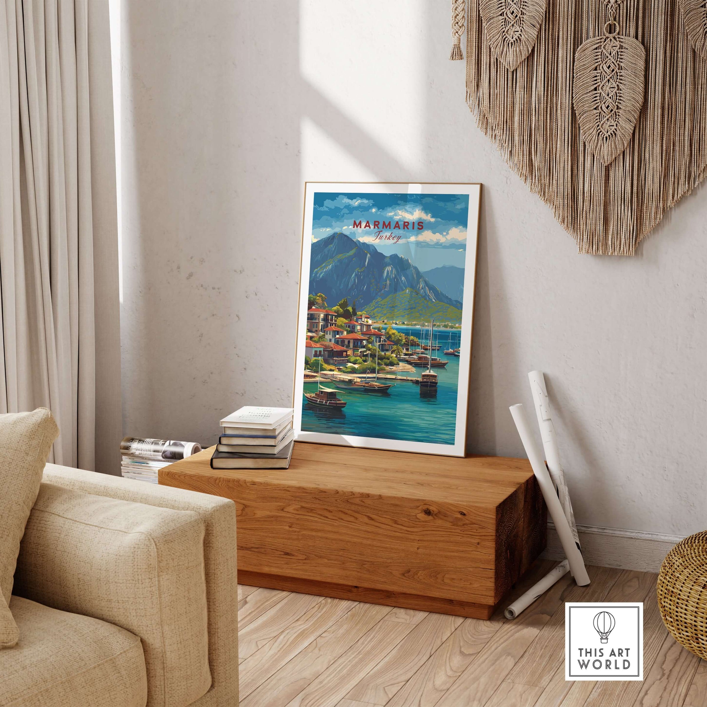Marmaris Poster - Turkey Sailboat Wall Art - Mountain View Travel Print displayed in a modern living room setting.