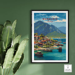Marmaris Poster - Turkey Sailboat Wall Art - Mountain View Travel Print on a wall with leafy plants.