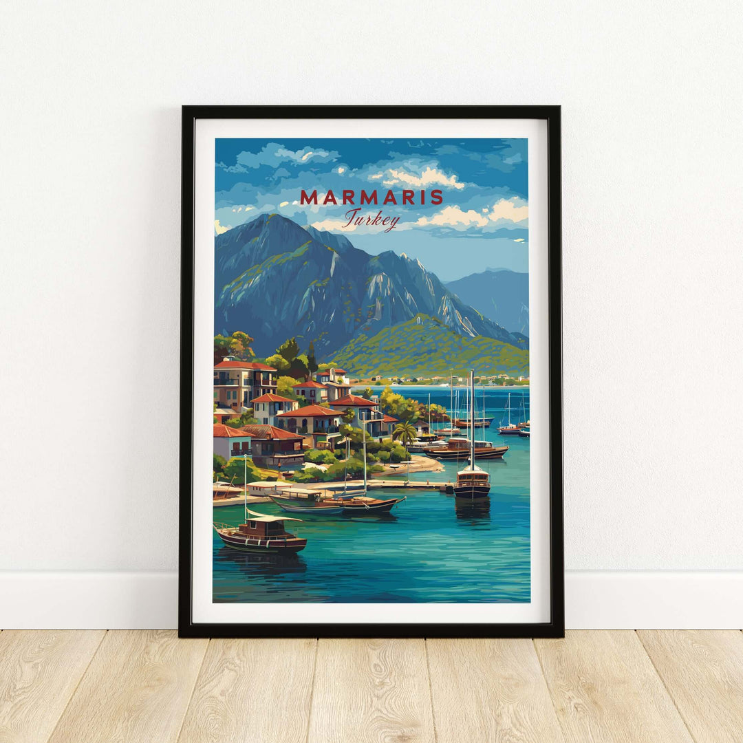 Marmaris poster wall art depicting sailboats and mountains in Turkey, capturing serene coastal scenery.