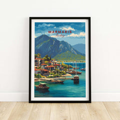 Marmaris Poster - Turkey Sailboat Wall Art - Mountain View Travel Print showcasing a scenic coastal landscape.