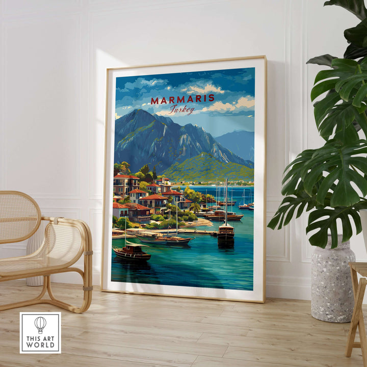 Marmaris Turkey poster featuring coastal mountain view and sailboats, perfect wall art for travel enthusiasts.