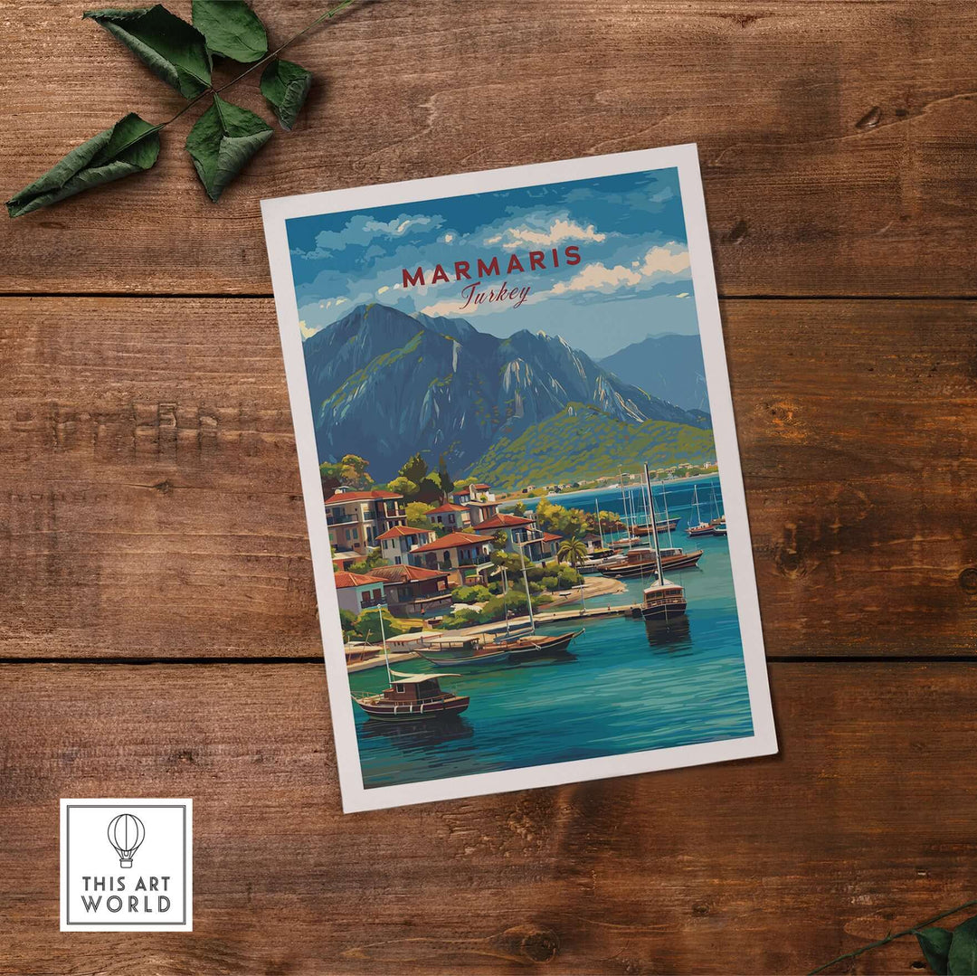Marmaris poster featuring Turkey sailboats and mountains, showcasing coastal charm perfect for wall art decoration.