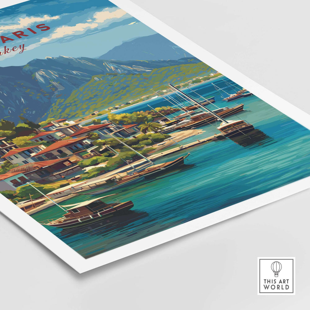 Marmaris poster art featuring sailboats and mountain views, capturing Turkey's coastal beauty.