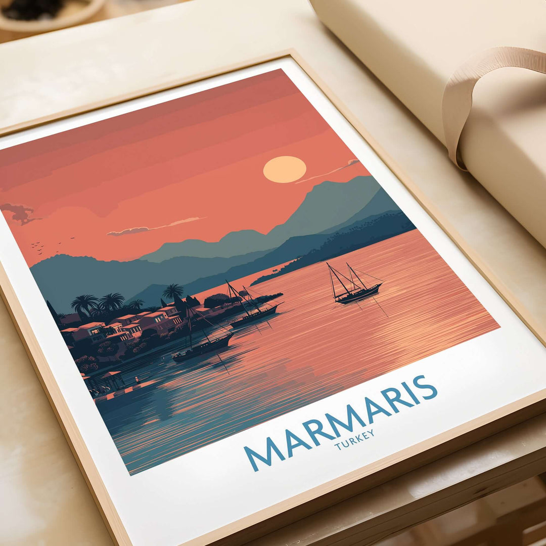 Marmaris poster art print featuring a sunset over the coastline with boats, perfect for coastal wall decor.
