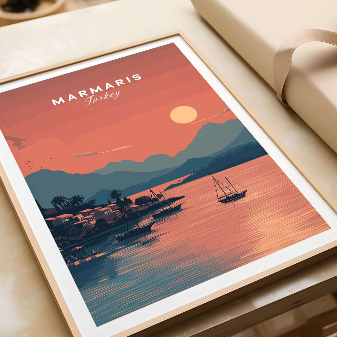 Colorful Marmaris sunset poster showcasing coastal beauty in Turkey, perfect wall art for travel enthusiasts.