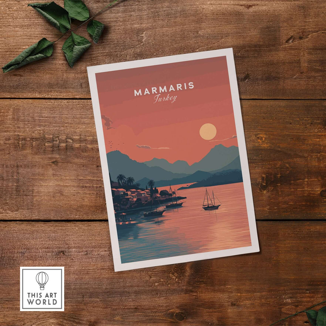Marmaris sunset poster featuring vibrant colors over a serene bay with boats, perfect for wall art in any space.