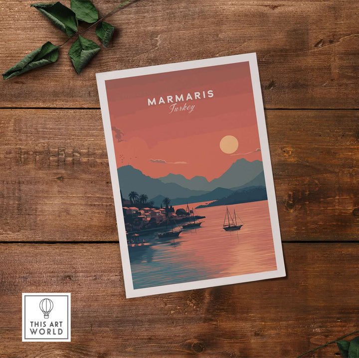 Marmaris sunset poster featuring vibrant colors over a serene bay with boats, perfect for wall art in any space.