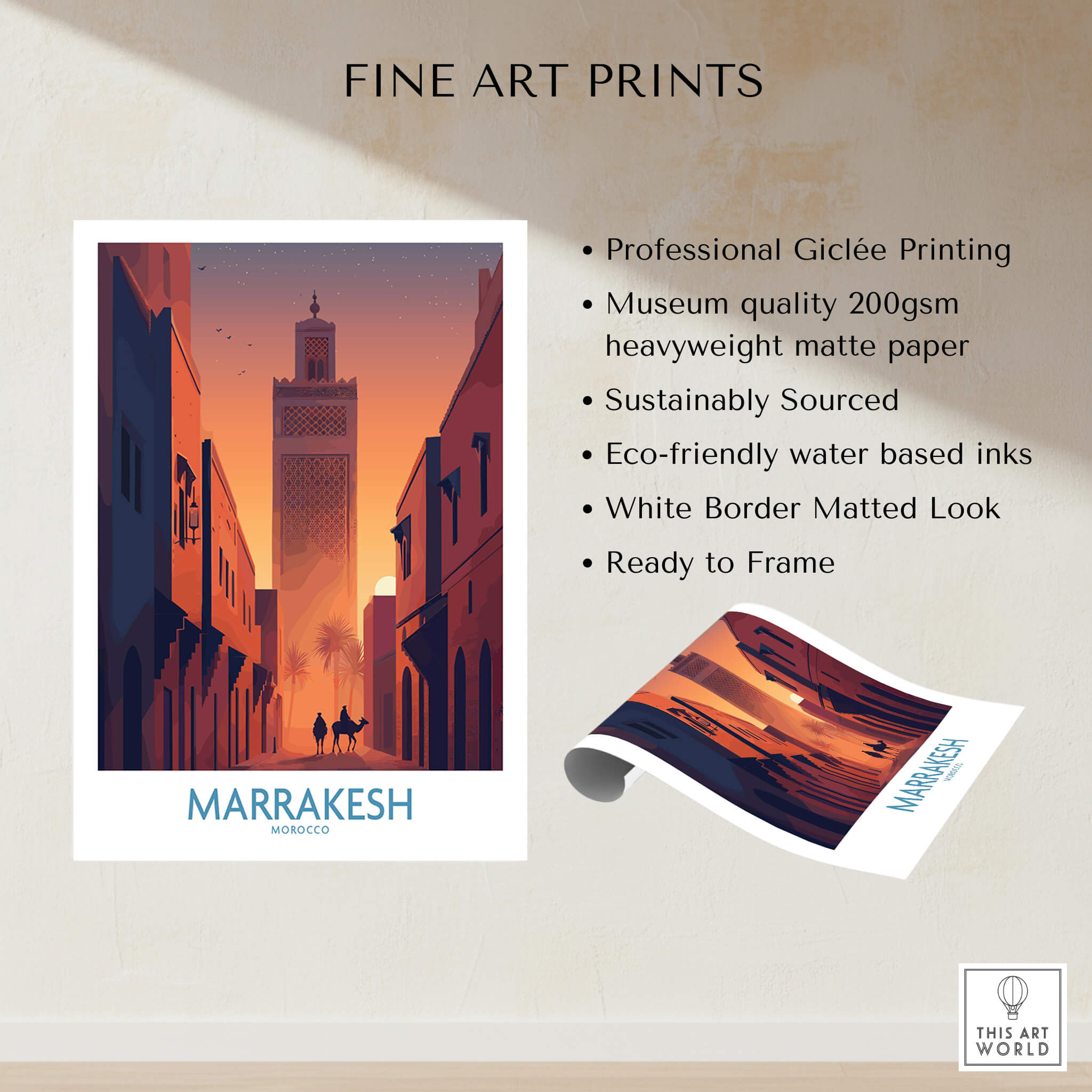 Marrakesh Morocco Canvas Print | Sunset Camels Poster showcasing fine art print details and quality.