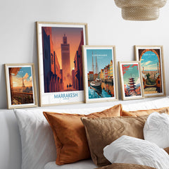 Marrakesh Morocco Canvas Print | Sunset Camels Poster displayed in a stylish living room with other travel posters.