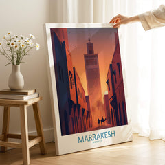 Marrakesh Morocco Canvas Print | Sunset Camels Poster showcasing a vibrant sunset silhouette in an urban setting.