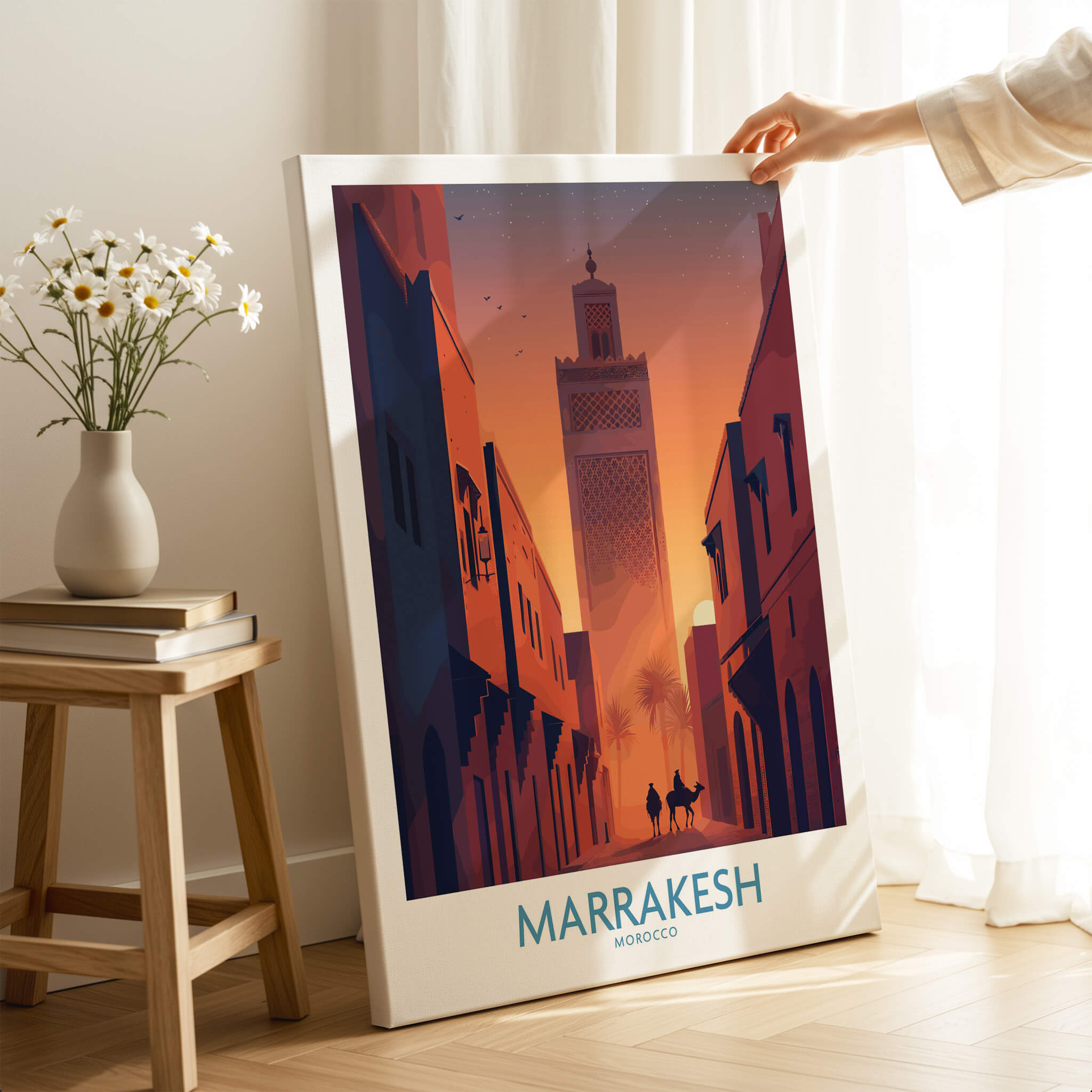 Marrakesh Morocco Canvas Print | Sunset Camels Poster showcasing a vibrant sunset silhouette in an urban setting.